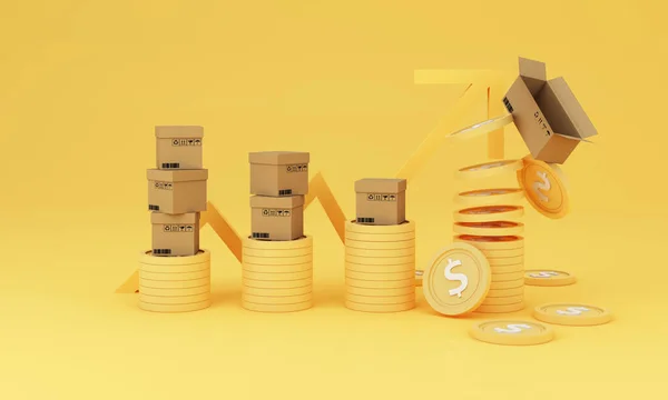 Pièce Dollars Avec Flèche Jaune Entouré Boîtes Carton Graphiques Boursiers — Photo