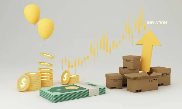 Arkasında sürekli artan enflasyon konseptinde altın ve dolar, sarı oklar, karton ve 