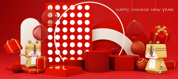 金とギフト ランタン 中国のパターンシーンの背景と中国の旧正月スタイルの赤と白の表彰台製品ショーケース 2022虎年ホリデー伝統的な祭りのコンセプト 3Dレンダリング — ストック写真