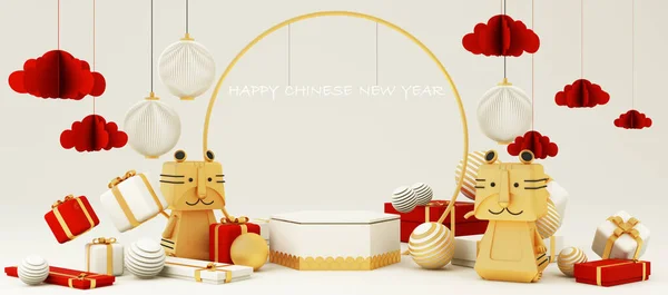 Çin Yeni Yıl Tarzı Kırmızı Beyaz Podyum Ürün Sergisi Altın — Stok fotoğraf