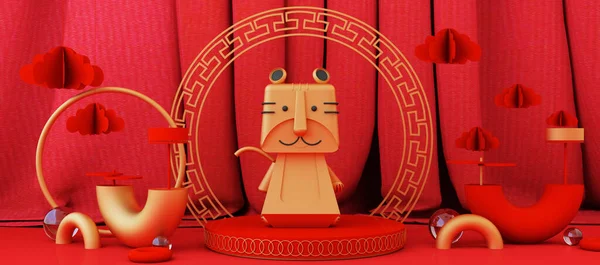 金とギフト ランタン 中国のパターンシーンの背景と中国の旧正月スタイルの赤と白の表彰台製品ショーケース 2022虎年ホリデー伝統的な祭りのコンセプト 3Dレンダリング — ストック写真