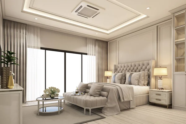iç tasarım modern klasik yatak odası tarzı beyaz ahşap ve altın çelik desenli ve gri mobilya döşeli iç dekorasyon 3D