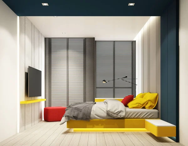 Kleurrijke Slaapkamer Interieur Interieur Met Functie Muur Rood Blauw Geel — Stockfoto