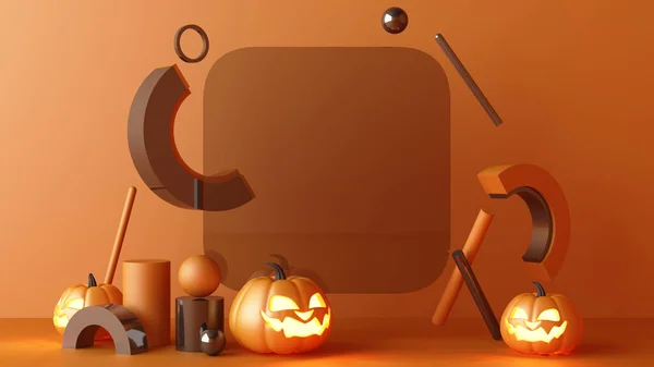 10月ハロウィンパンプキンヘッド成長幾何学的な形状で製品スタンドモックアップ現在のためにオレンジ色の背景3Dレンダリング — ストック写真