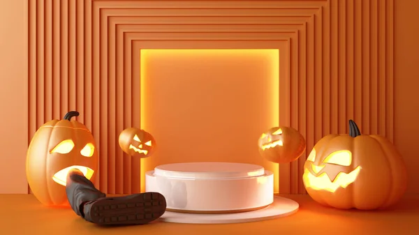 十月万圣节南瓜头生长与几何形状与产品站在模型上的橙色背景3D渲染 — 图库照片