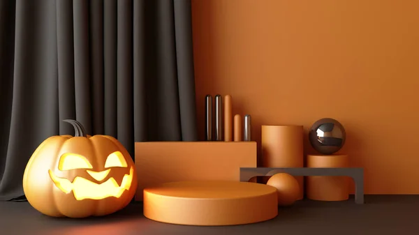 Október Halloween Sütőtök Fej Növekszik Geometriai Alakú Termék Stand Mock — Stock Fotó