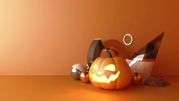 Październik Halloween Pumpkins Głowa Rośnie Geometrycznym Kształcie Produktu Stand Mock — Zdjęcie stockowe