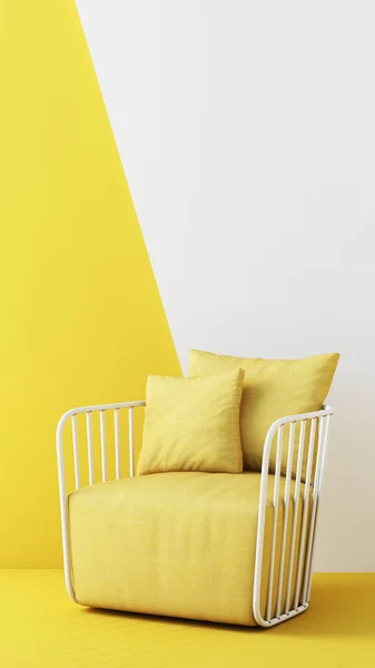 yellow color chairs, sofa, armchair in empty background. surrounding by geometric shape Concept of minimalism  installation art. 3d rendering mock up vertical frame
