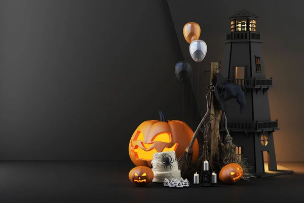 万圣节的概念在灯塔与灯与发光南瓜头 女巫扫帚周围蜘蛛和蜡烛在黑暗的黑色背景 3D渲染 — 图库照片