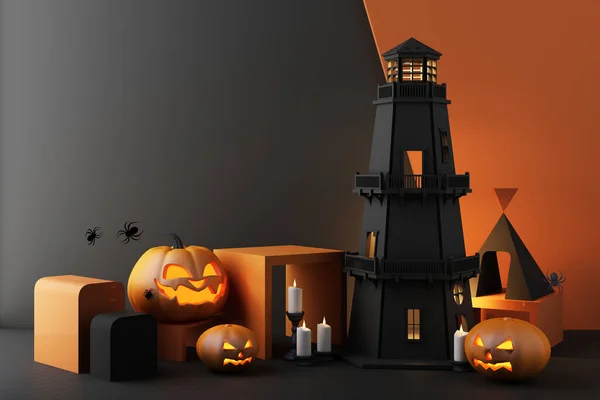 Halloween Koncept Majáku Rozsvícenými Světly Žhnoucími Dýňovými Hlavami Trend Geometrický — Stock fotografie