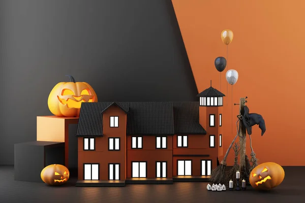 Halloween Koncept Huset Med Lamporna Med Glödande Pumpa Huvuden Häxkvastar — Stockfoto