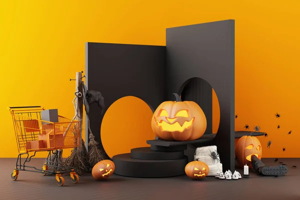 Concept Van Halloween Geest Pompoen Hoofd Winkelwagen Samenstelling Zwart Oranje — Stockfoto