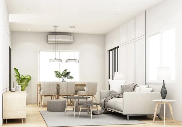 A living and dining area room in minimalist style. With warm tones and wood materials, on parquet floors, TV cabinets and gray fabric sofas with coffee table and wooden blinds on the windows. 3d render