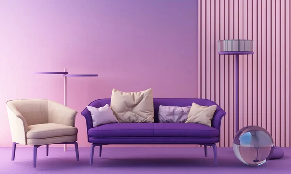 purple and pink color trend 2022 chairs, sofa, armchair in empty background. surrounding by geometric shape Concept of minimalism  installation art. 3d rendering mock up