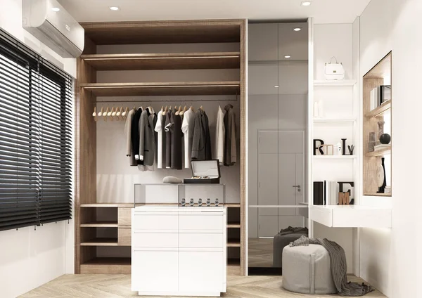 Dressing room designed in minimal style with wooden materials with wardrobe without doors. and a dressing table with cloth seats on parquet floor and wooden blinds 3d render