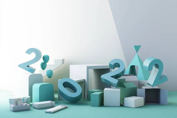 2022 파란색 편지들은 상자들을 공으로 전시하기 기하학적 형태로 둘러싸여 있습니다 — 스톡 사진