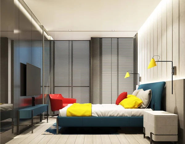 テレビキャビネットとベッド付きの赤青黄色と灰色のトーンで特徴的な壁とカラフルな寝室の屋内インテリアデザイン 大きな窓の3Dレンダリングで木製の床 天井と木製のブラインドのアームチェア — ストック写真