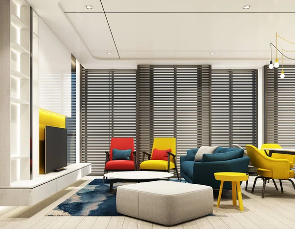 Renkli iç dekorasyonu, kırmızı mavi ve gri tonda, televizyon dolabı ve tahta koltuğu, ahşap zemin, tavan ve ahşap kaplama, geniş pencere 3D renginde mavi ve gri tonda.