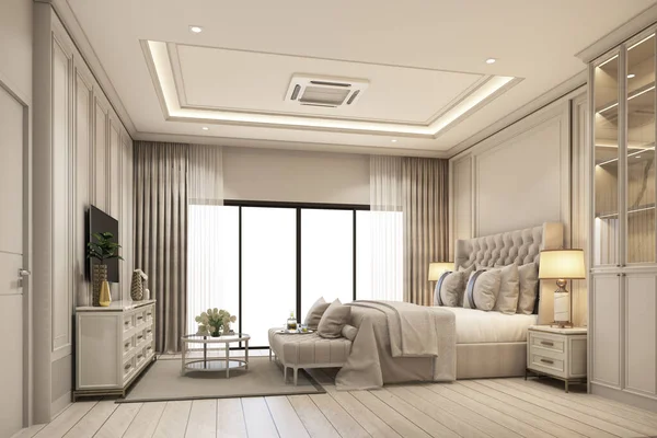 インテリアデザイン白と金のスチールテクスチャと窓と木製の床の上に純カーテンで設定されたグレーの家具のベッドルームの近代的な古典的なスタイル3Dレンダリングインテリア — ストック写真
