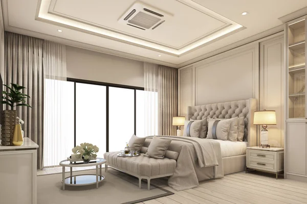 interior design modern classic style of bedroom with white wood and gold steel texture and gray furniture bed set 3d rendering interior