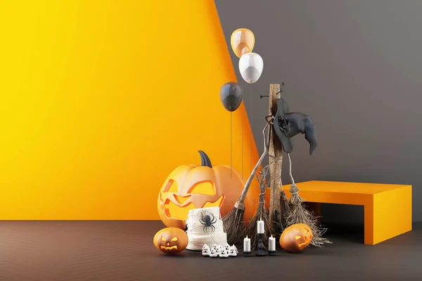 南瓜头和产品立柱之间的概念以黑色和橙色图案为背景 3D渲染插图 — 图库照片