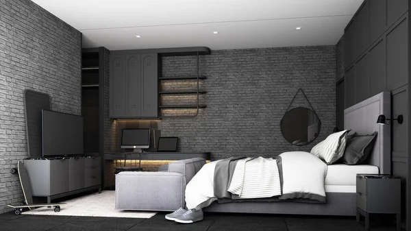 Diseño Interior Dormitorio Loft Industrial Con Sofá Cama Muebles Grises — Foto de Stock