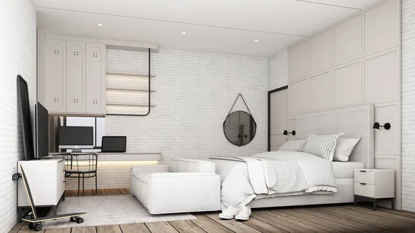 Промышленный Дизайн Интерьера Лофта Спальня Белой Мебелью Кровать Диван Рабочий — стоковое фото