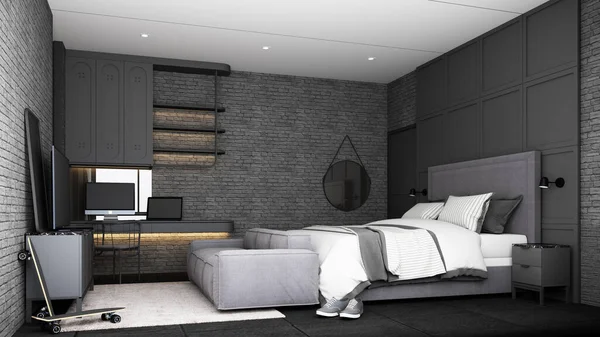 Industrieel Loft Slaapkamer Interieur Design Met Grijs Meubilair Bed Bank — Stockfoto