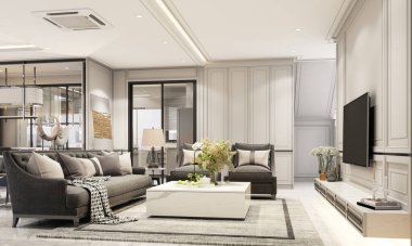 iç tasarım modern klasik yaşam tarzı ve yemek alanı siyah mermer ve siyah çelik desenli ve gri mobilyalı 3D döşemeli. 