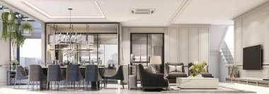 iç tasarım modern klasik yaşam tarzı ve yemek alanı siyah mermer ve siyah çelik desenli ve gri mobilyalı iç dekorasyon 3D panorama