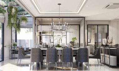 iç tasarım modern klasik yaşam tarzı ve yemek alanı siyah mermer ve siyah çelik desenli ve gri mobilyalı 3D döşemeli. 