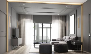 iç tasarım modern klasik yaşam tarzı siyah mermer ve siyah çelik desenli ve iç döşemeli gri mobilyalı iç mimari