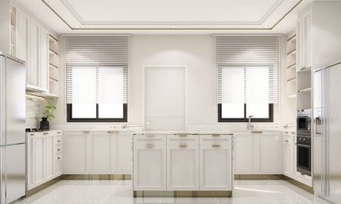 iç tasarım modern klasik mutfak tarzı beyaz mermer ve altın desenli ve beyaz mobilyalı iç mimari