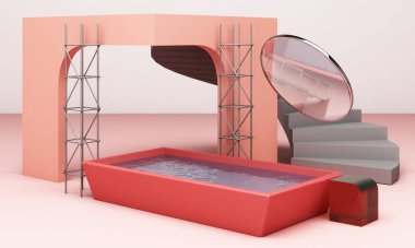Geometrik şekilli 3 boyutlu pastel arkaplan. Altın ve pastel renkli siyah camlar promosyon veya ürün gösterisi için son moda tasarım. En küçük pankart modellemesi.