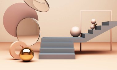 Geometrik şekilli 3 boyutlu pastel arkaplan. Altın ve pastel renkli siyah camlar promosyon veya ürün gösterisi için son moda tasarım. En küçük pankart modellemesi.