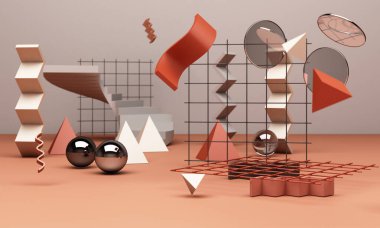 Geometrik şekilli 3 boyutlu pastel arkaplan. Altın ve pastel renkli siyah camlar promosyon veya ürün gösterisi için son moda tasarım. En küçük pankart modellemesi.