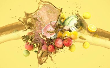 Sarı zemin üzerinde meyveler ve su sıçraması 3D görüntüleme