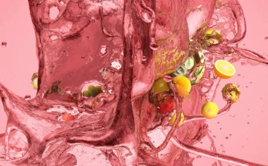 Pembe arka planda meyveler ve su sıçraması 3D görüntüleme
