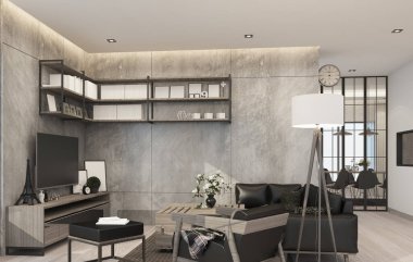 Oturma odası modern çatı katı tarzı, beton ve ahşap desenli, kanepe desenli.