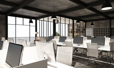 Modern ofiste çalışma alanı, beton zemin, endüstriyel çatı katı tarzı ve toplantı odası. dahili 3d oluşturma