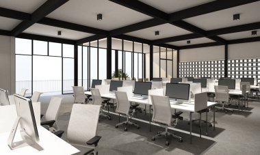 Modern ofiste çalışma alanı, halı döşemesi, modern beyaz ton tarzı ve toplantı odası. dahili 3d oluşturma