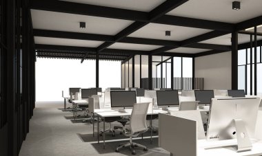 Modern ofiste çalışma alanı, halı döşemesi, modern beyaz ton tarzı ve toplantı odası. dahili 3d oluşturma