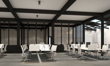 Modern ofiste çalışma alanı, halı döşemesi, modern beyaz ton tarzı ve toplantı odası. dahili 3d oluşturma