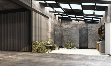 Çalışma alanı ve yaşam alanı olan modern endüstriyel depo. Beton ve metal desenli iç tasarımı 3D. 