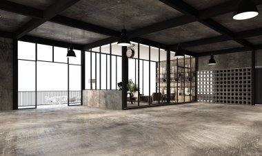 Çalışma alanı ve yaşam alanı olan modern endüstriyel depo. Beton ve metal desenli iç tasarımı 3D. 