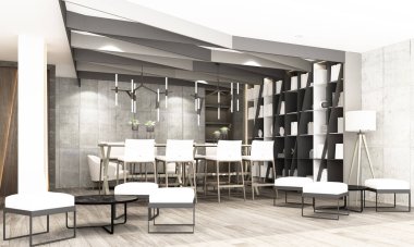 Bekleme alanı ve modern endüstriyel stil iç dizayn 3D işleme alanında ortak çalışma alanı olan resepsiyon salonu 