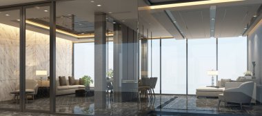 Bekleme odası modern lüks iç tasarım mermer zemin ve kanepe seti 3D