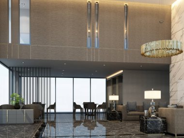 Lüks mobilyaları ve gri renkli mermer desenli 3D işlemeli ana salon bekleme salonu. 