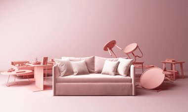 Kahve sehpasıyla çevrili pembe pastel kanepe.