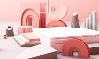 Geometrik şekilli 3D çizim. Ürün sunumu için pastel renk platformları. Modern tarzda soyut kompozisyon. Boş alanı olan minimalist tasarım.